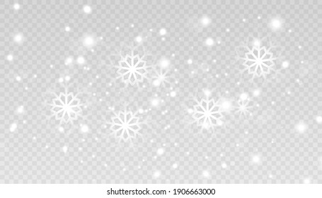 White snow flies on a transparent background. Christmas snowflakes. Winter blizzard background illustration.