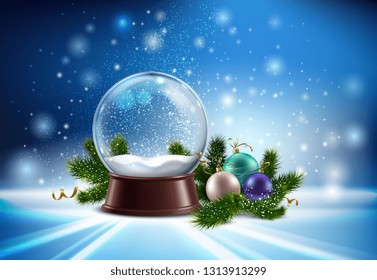 Composición realista del globo de nieve blanco con juguetes de árbol de Navidad y ilustración vectorial de brillante de invierno