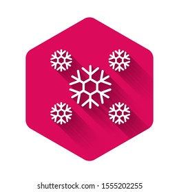 White Snow icon isolated with long shadow. Pink hexagon button. Vector Illustration