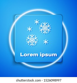 White Snow icon isolated on blue background. Blue square button. Vector Illustration