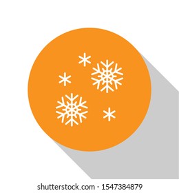 White Snow icon isolated on white background. Orange circle button. Vector Illustration