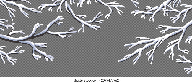 White snow on the bare branches of trees. A frosty winter day in the forest, park. A set of flat elements for a horizontal Christmas scene. Cartoon style. Vector.