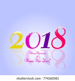 White snow on a blue background. Happy New Year 2018 and Merry Christmas! Bright text with snow.