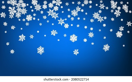 White Snow Panoramic Vector Blue Background. Falling Snowflake Pattern. Gray Fantasy Wallpaper. Xmas Snowfall Design.