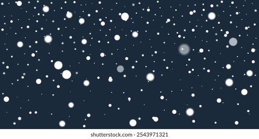 White snow particles fall gently on navy blue background, ideal for winter backgrounds and holiday graphic design. Vector snowflakes illustration