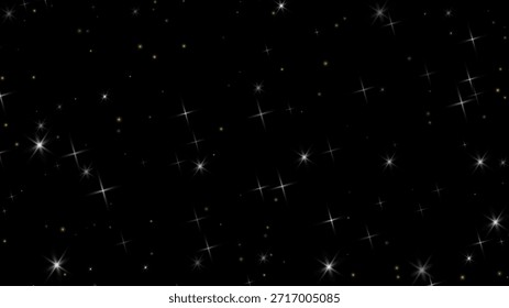 White snow and small star particles scattered across a black background. Soft glowing winter abstract texture.