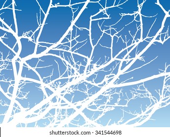 White snow tree branches plant winter season on blue sky background.