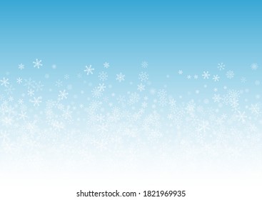 White Snow Vector Blue Background. Light Snowfall Wallpaper. Gray Winter Holiday. Abstract Snowflake Banner.