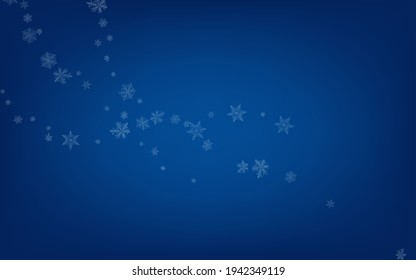 White Snow Vector Blue Background. Fantasy Snowflake Illustration. Gray Sky Card. New Snowfall Texture.