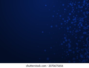 White Snow Vector Blue Background. Shiny Shine Snowfall Invitation. Minimal Snowflake Illustration. Elegant Stars Texture.