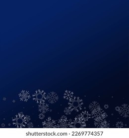 White Snow Vector Blue Background. Falling Snowflake Card. Silver Holiday Illustration. magic Snowfall Transparent.