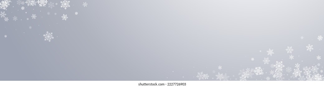 White Snow Vector Gray Panoramic Background. New Silver Snowflake Pattern. Snowfall Fantasy Holiday.