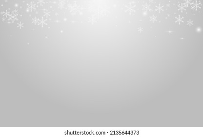 White Snow Vector Grey Background. Silver Magic Stars Wallpaper. Elegant Snowflake Pattern. Bokeh Flake Texture.
