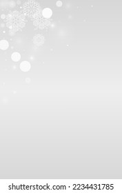 White Snow Vector Grey Background. Xmas Snowfall Transparent. Silver magic Card. Sky Snowflake Illustration.
