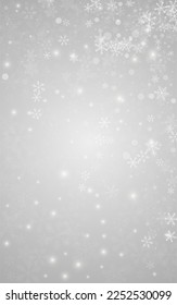 Fondo gris vectorial de nieve blanca. vacaciones mágicas de la nevada. Fondo gris de Navidad. La Caída Del Copo De Nieve Es Transparente.