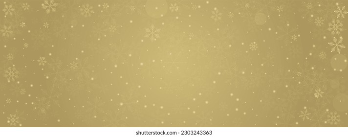 White Snow Vector Panoramic Gold Background. Falling Snowflake Pattern. Golg Xmas Illustration. Holiday Snowfall Banner.