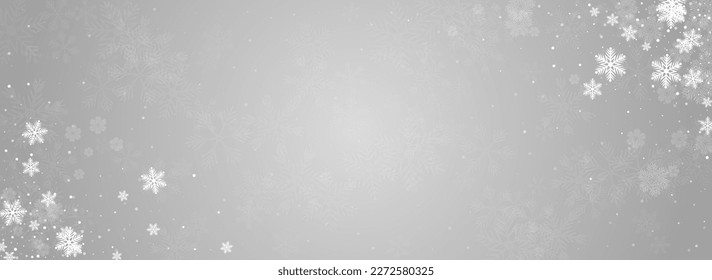White Snow Vector Panoramic Grey Background. Fantasy Snowfall Transparent. Silver Light Banner. Christmas Snowflake Illustration.