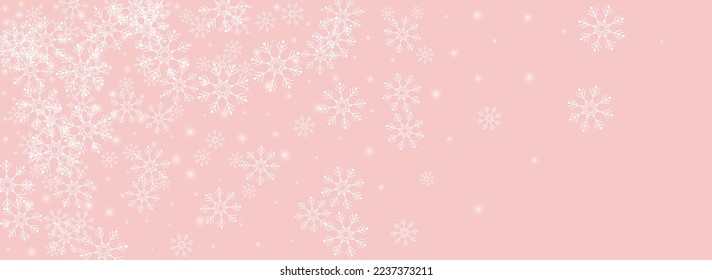 Weißer Schneefräse, Panoramablick, rosafarbener Hintergrund. Neue Schneeflocke Transparent. Silberes Weihnachtsgemälde. Fallende Schneefall-Illustration.