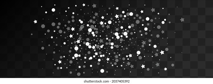 weißer, panoramisch-transparenter Hintergrund. Overlay Subtle Stars Einladung. Elegante Schneeflocken-Postkarte. Bokeh Schneefall Design.