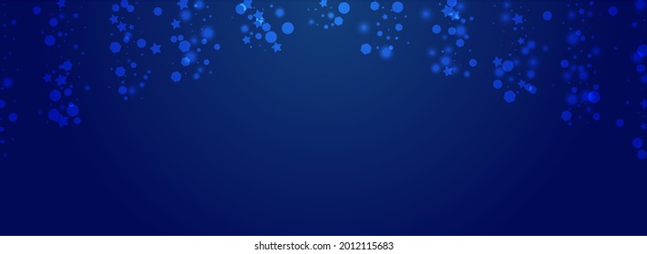 White Snow Vector Pnoramic Blue Background. Shiny Magic Snowflake Design. Subtle Dots Banner. Falling Snowfall Pattern.