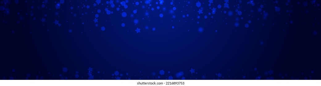White Snow Vector Pnoramic Blue Background. Glow Glitter Dots Banner. Glow Confetti Backdrop. Falling Snowstorm Design.