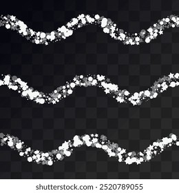 Fondo transparente de Vector de nieve blanco. Fondo de copo de nieve ligero. Patrón de fantasía de plata. Anuncio Festiva Snowfall.