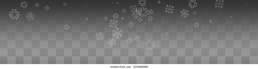 White Snow Vector Transparent Panoramic Background. Abstract Snowfall Pattern. Gray Fantasy Banner. Christmas Snowflake Texture.