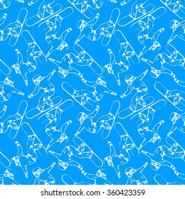 White snowboarders in a helmet in a blue background. Skier Snowboarder. Winter Sport Seamless Pattern Background. Snowboarding and skiing cold season fun extreme sport backdrop. Vector illustration.