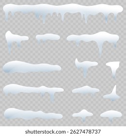 White snowdrift caps hang on transparent background borders. Cartoon snow frames decorate winter banners and cards. Flat snowy elements enhance festive holiday illustrations. Snowflakes fall