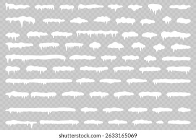 White snowdrift caps hang on transparent background borders. Cartoon snow frames decorate winter banners and cards. Flat snowy elements enhance festive holiday illustrations. Snowflakes fall