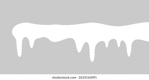 White snowdrift caps hang on transparent background borders. Cartoon snow frames decorate winter banners and cards. Flat snowy elements enhance festive holiday illustrations. Snowflakes fall