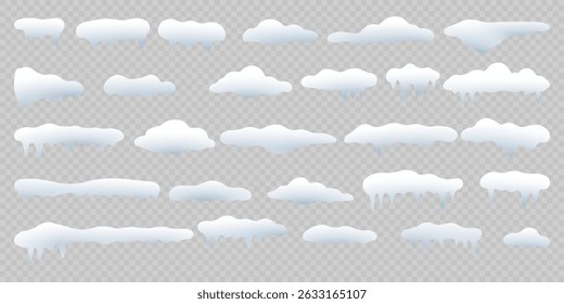 White snowdrift caps hang on transparent background borders. Cartoon snow frames decorate winter banners and cards. Flat snowy elements enhance festive holiday illustrations. Snowflakes fall