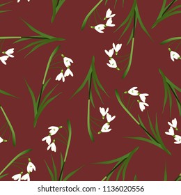 White Snowdrop Seamless on Red Background. Vector Illustration.
