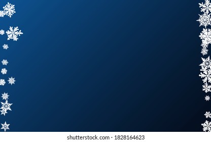 White Snowfall Panoramic Vector Blue Background. Falling Snowflake Transparent. Gray Fantasy Card. Holiday Snow Holiday.