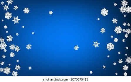 White Snowfall Panoramic Vector Blue Background. Falling Snowflake Texture. Gray Abstract Card. Holiday Snow Banner.