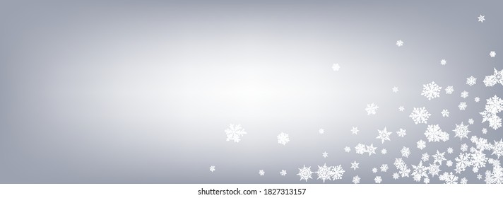 White Snowfall Panoramic Vector Gray Background. Winter Snowflake Transparent. Gray magic Wallpaper. Fantasy Snow Card.
