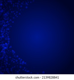 White Snowfall Vector Blue Background. Glow Minimal Flake Wallpaper. Subtle Confetti Invitation. Falling Snowstorm Postcard.