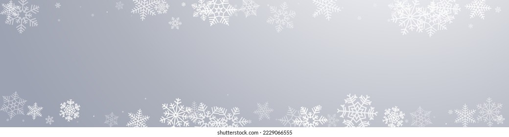 White Snowfall Vector Gray Panoramic Background. Christmas Silver Snow Texture. Snowflake Xmas Banner.