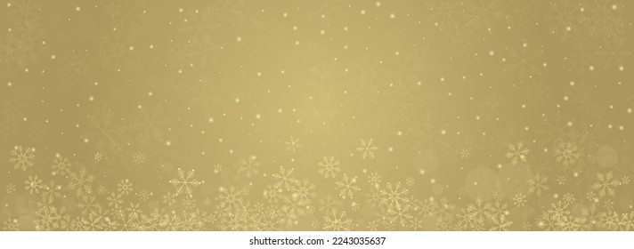 White Snowfall Vector Panoramic Gold Background. Sky Snowflake Illustration. Gray Light Banner. New Snow Pattern.