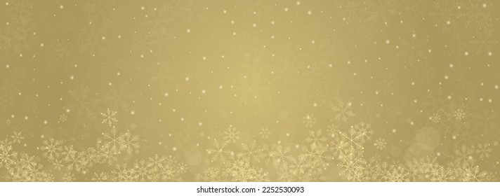 White Snowfall Vector Panoramic Gold Background. Xmas Snowflake Illustration. Gray Falling Transparent. New Snow Banner.