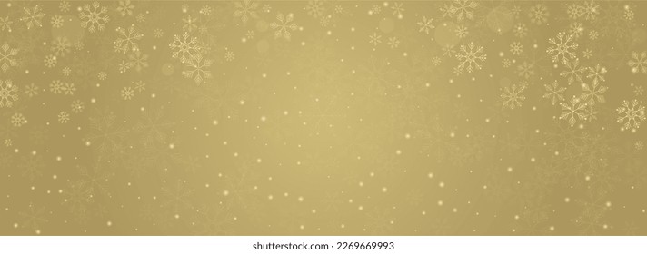 White Snowfall Vector Panoramic Gold Background. Christmas Snowflake Transparent. Gray Winter Illustration. Sky Snow Card.
