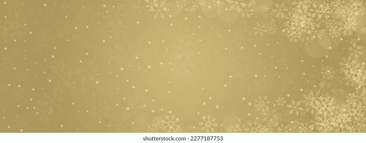 White Snowfall Vector Panoramic Gold Background. Falling Snowflake Design. Golg Abstract Illustration. Fantasy Snow Holiday.