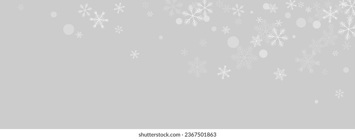 White Snowfall Vector Panoramic Grey Background. Light Snowflake Backdrop. Silver Abstract Card. Xmas Snow Banner.