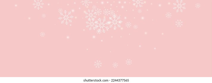 White Snowfall Vector Panoramic Pink Background. Abstract Snowflake Wallpaper. Golg Sky Banner. Winter Snow Design.