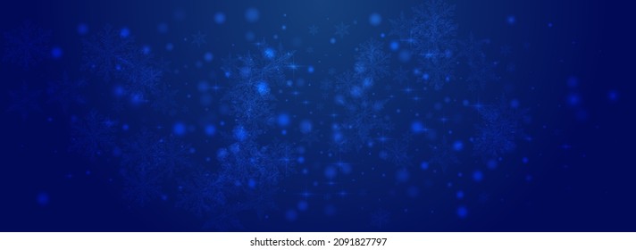 White Snowfall Vector Pnoramic Blue Background. Shiny Christmas Flake Texture. Festive Confetti Wallpaper. Glitter Stars Pattern.
