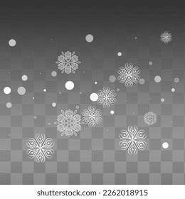 White Snowfall Vector Transparent Background. Falling Snow Banner. Gray Sky Pattern. Fantasy Snowflake Design.