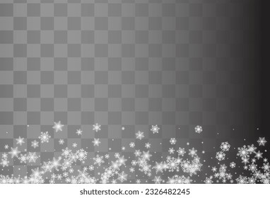 White Snowfall Vector Transparent Background. Sky Silver Snowflake Illustration. Snow Holiday Banner.