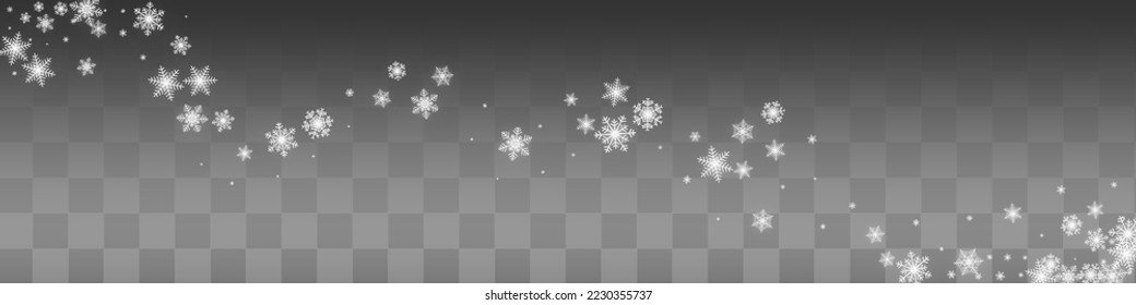 White Snowfall Vector Transparent Panoramic Background. Falling Gray Snow Banner. Snowflake Christmas Card.