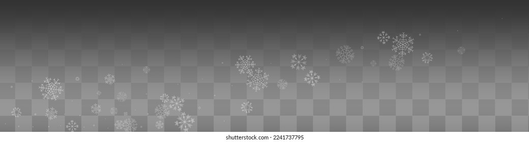 White Snowfall Vector Transparent Panoramic Background. Fantasy Snow Pattern. Silver Christmas Banner. New Snowflake Design.