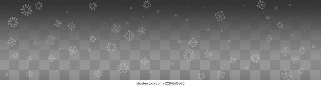 White Snowfall Vector Transparent Panoramic Background. Xmas Snow Backdrop. Gray New Card. Christmas Snowflake Banner.